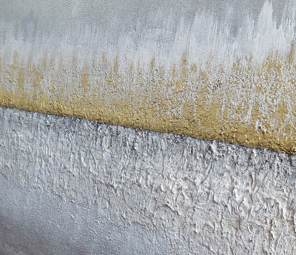 Abstract art with a gold stripe on a textured gray background Earthed original canvas painting by Julie Bevan.