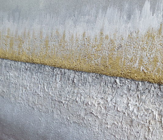 Abstract art with a gold stripe on a textured gray background Earthed original canvas painting by Julie Bevan.