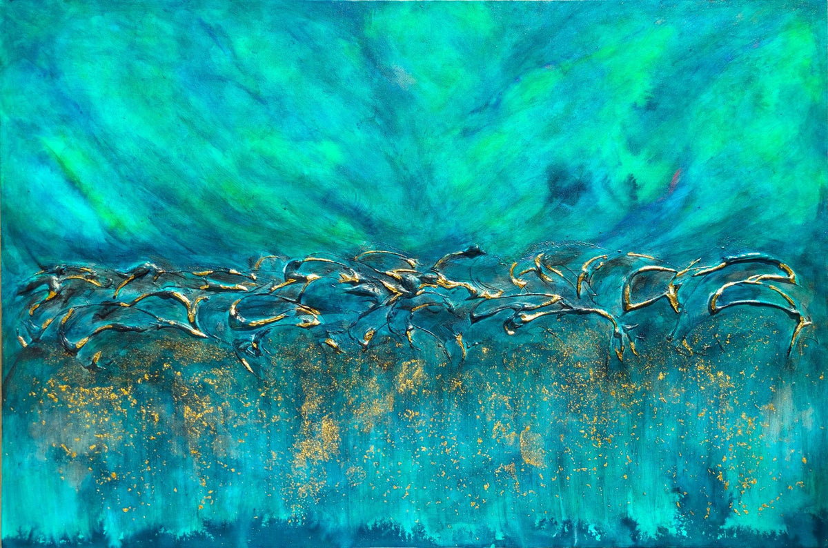 An abstract painting featuring a dynamic composition of teal, turquoise, and green textured brushstrokes with metallic gold glitter accents and a central horizontal line of metallic silhouettes. Equinox, Original Canvas Painting by Julie Bevan