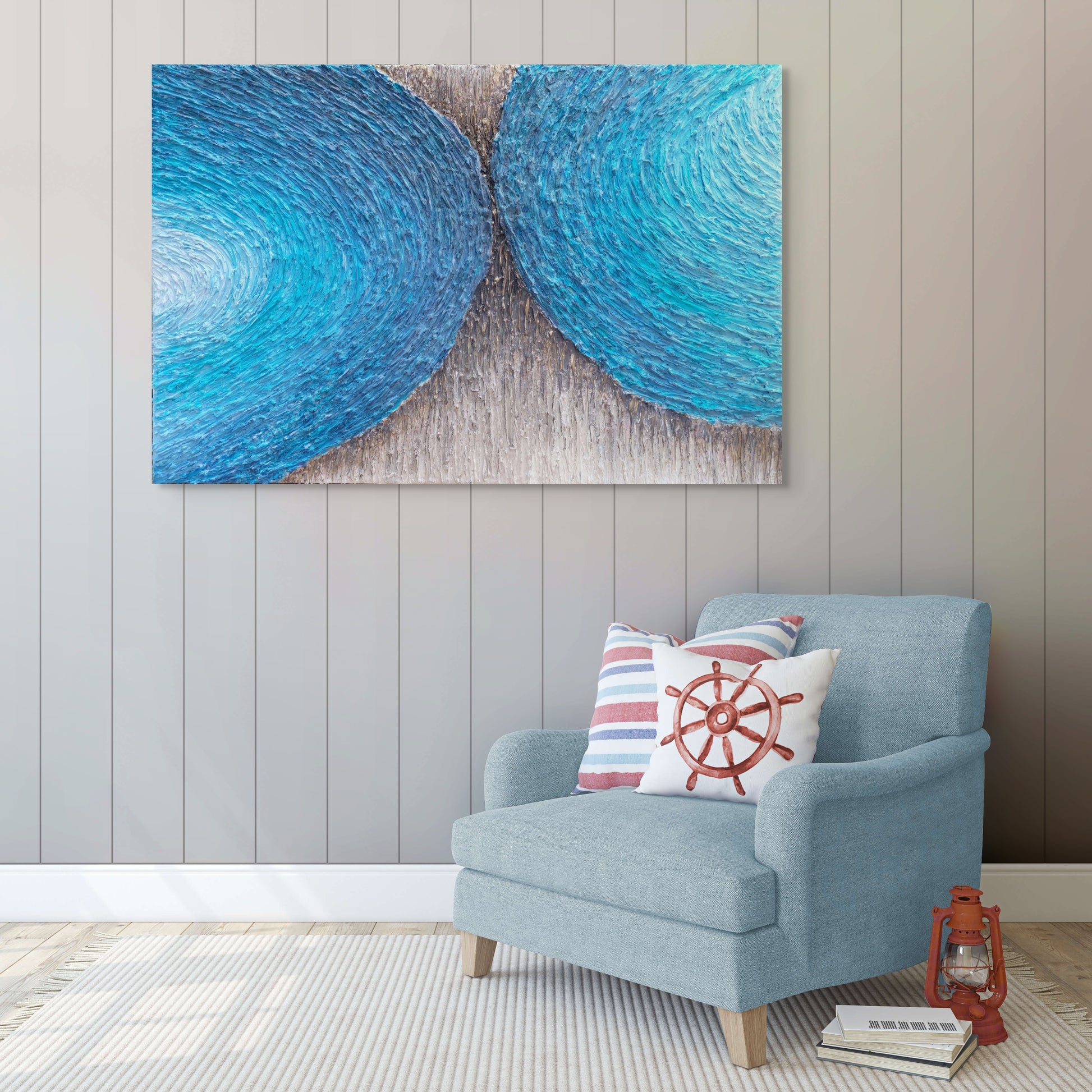 highly texture chalk, acrylic paint canvas artwork in shades of blue, black and cream, titled Flow