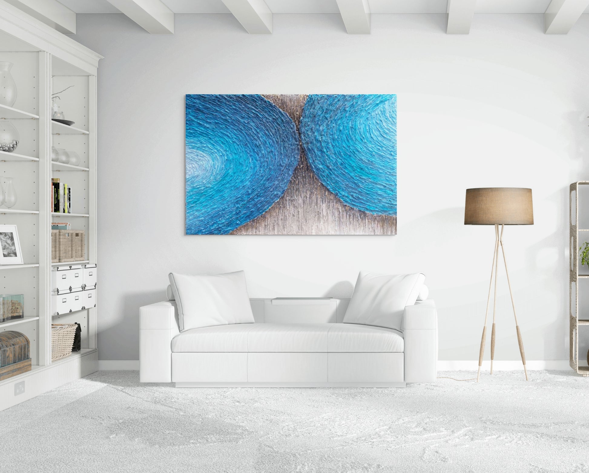 highly texture chalk, acrylic paint canvas artwork in shades of blue, black and cream, titled Flow
