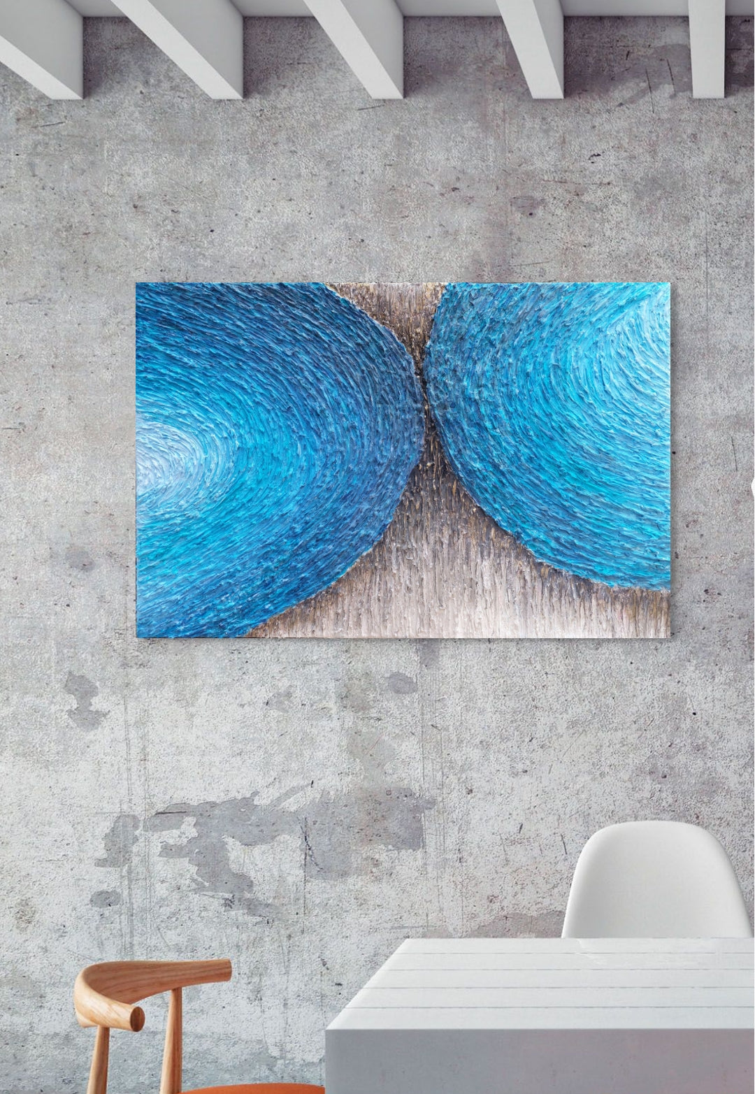 highly texture chalk, acrylic paint canvas artwork in shades of blue, black and cream, titled Flow