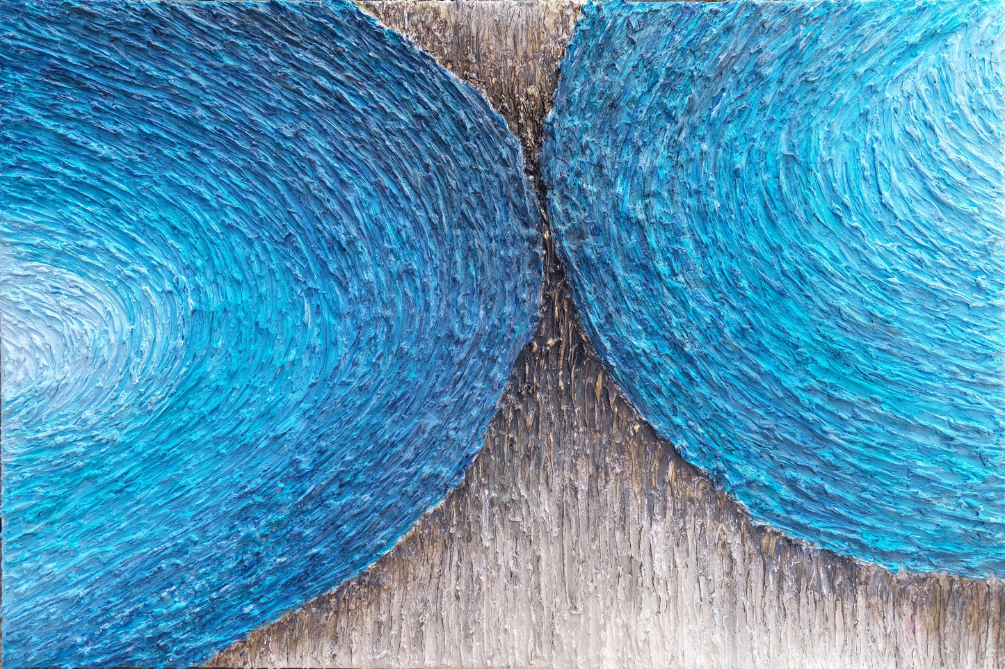 highly texture chalk, acrylic paint canvas artwork in shades of blue, black and cream, titled Flow