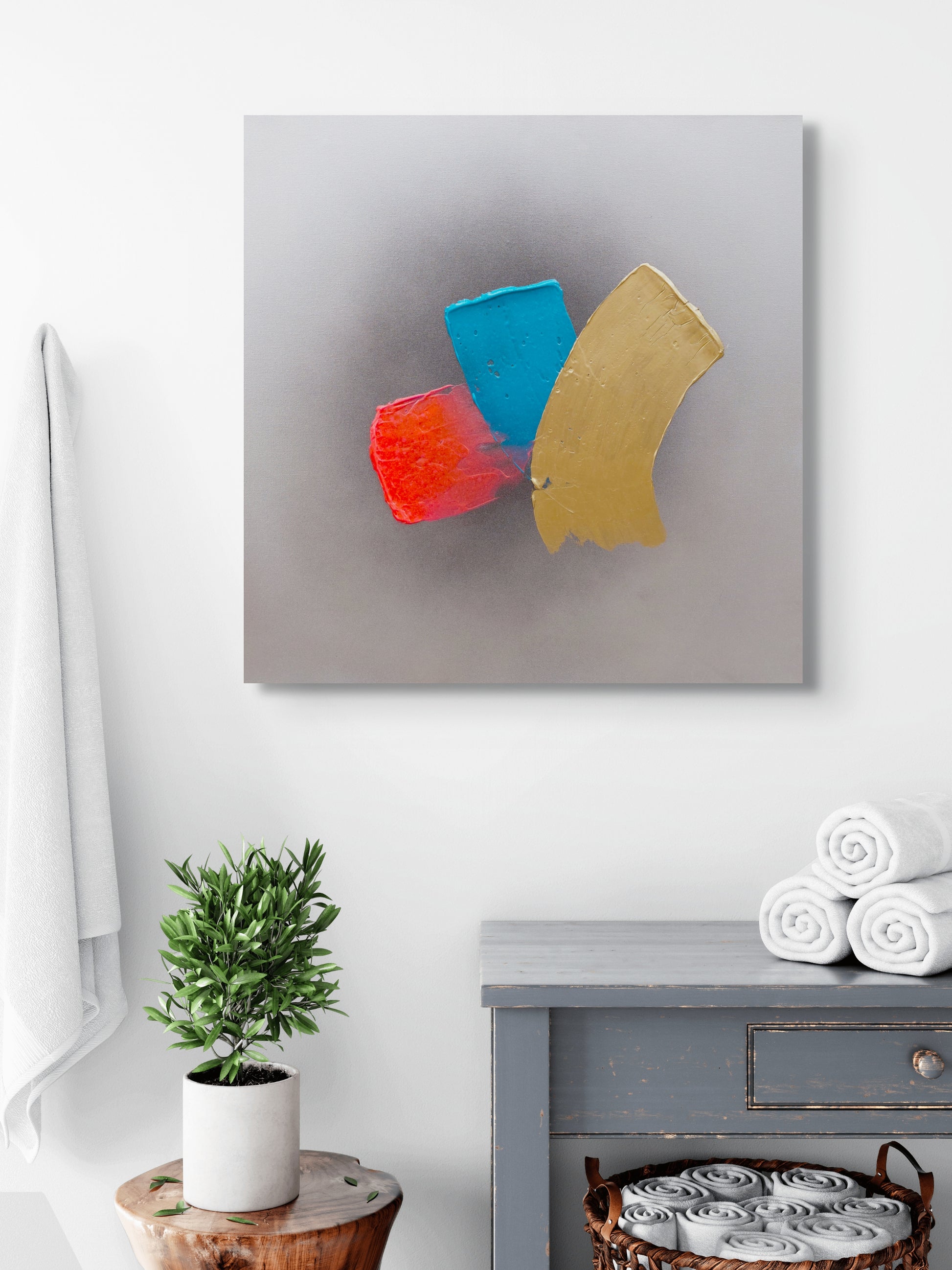 Textured grey, silver, pink, blue and gold original canvas painting titled Fork