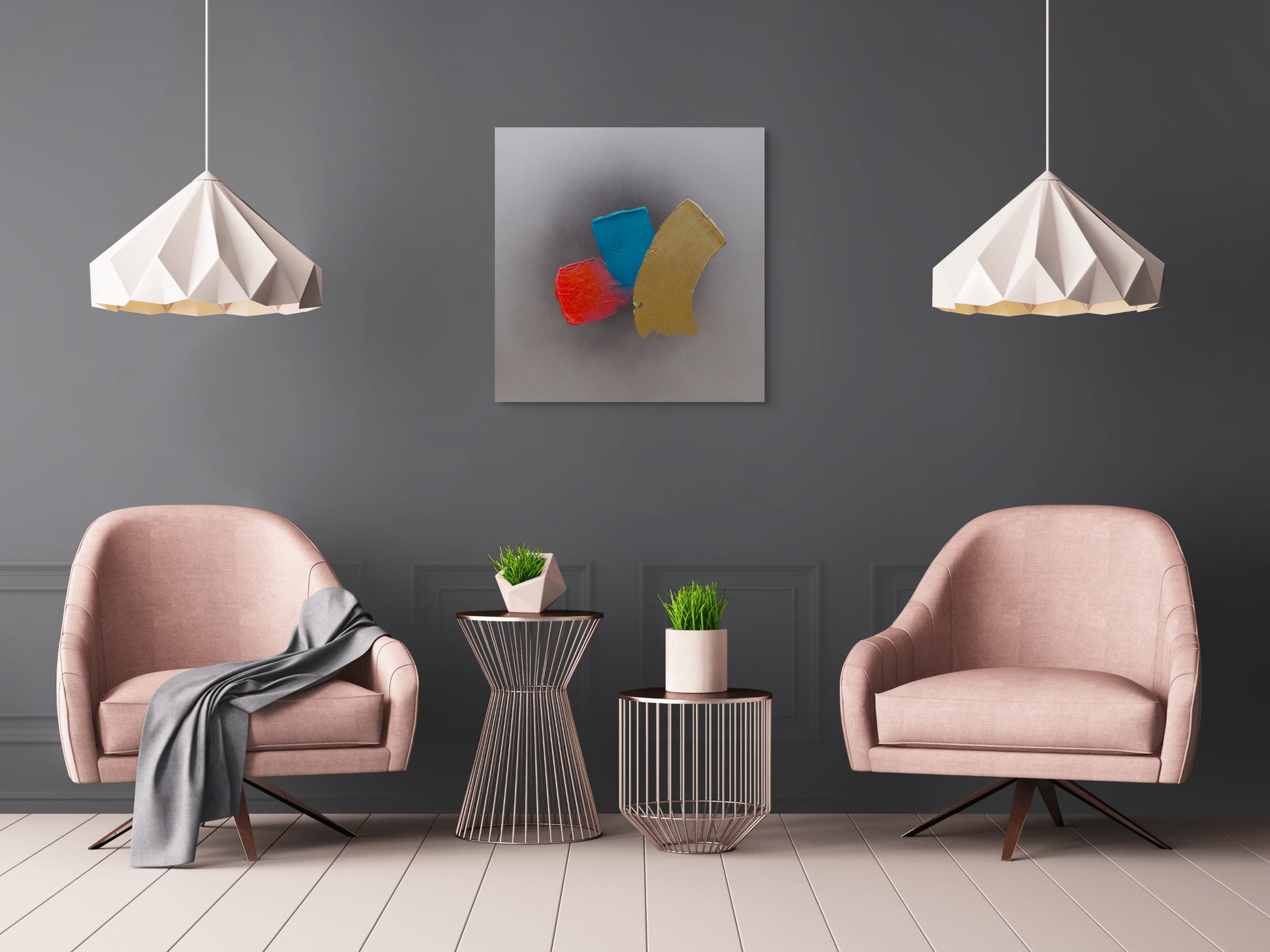 Textured grey, silver, pink, blue and gold original canvas painting titled Fork