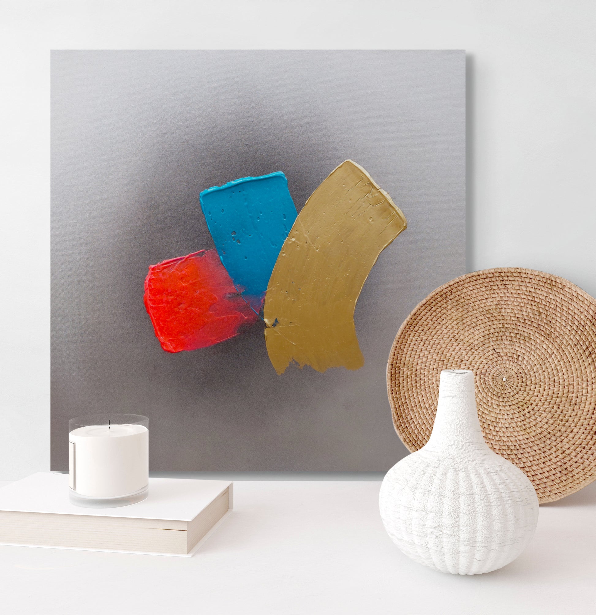Textured grey, silver, pink, blue and gold original canvas painting titled Fork