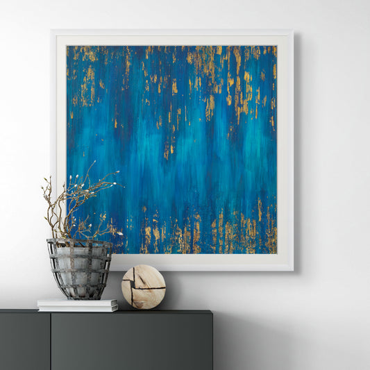 Blue Zone fine art Print on Hahnemühle Paper blue, turquoise and gold. Living room art