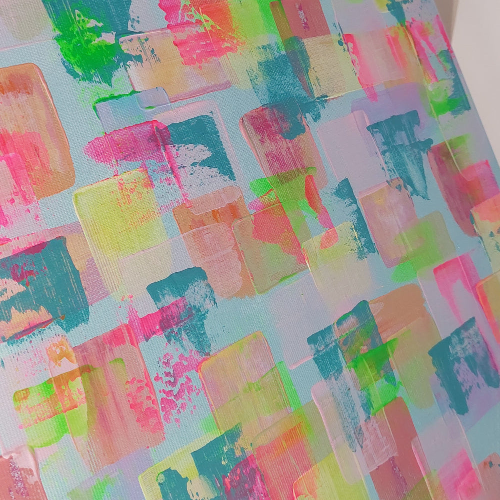 Colorful abstract pattern with pastel shades on a light blue/pink background. Hand painted acrylic canvas painting titled gelato