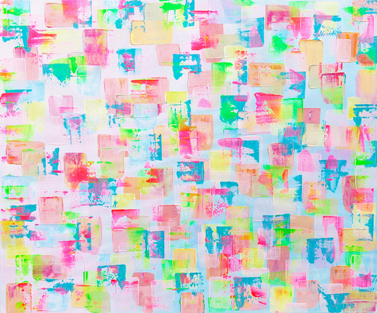 Colorful abstract pattern with pastel shades on a light blue/pink background. Hand painted acrylic canvas painting titled gelato