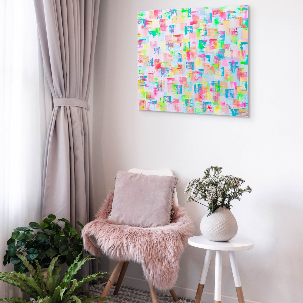 Colorful abstract pattern with pastel shades on a light blue/pink background. Hand painted acrylic canvas painting titled gelato