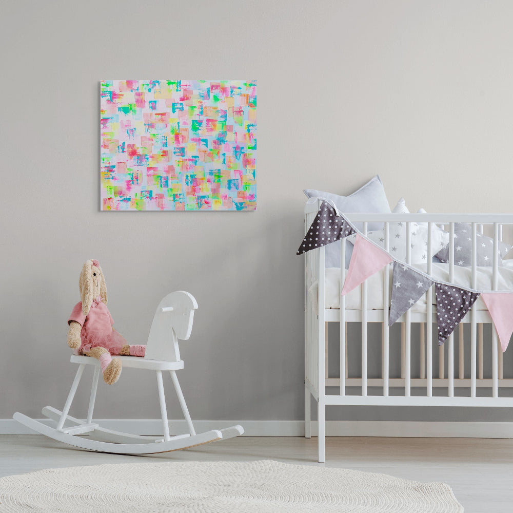 Colorful abstract pattern with pastel shades on a light blue/pink background. Hand painted acrylic canvas painting titled gelato