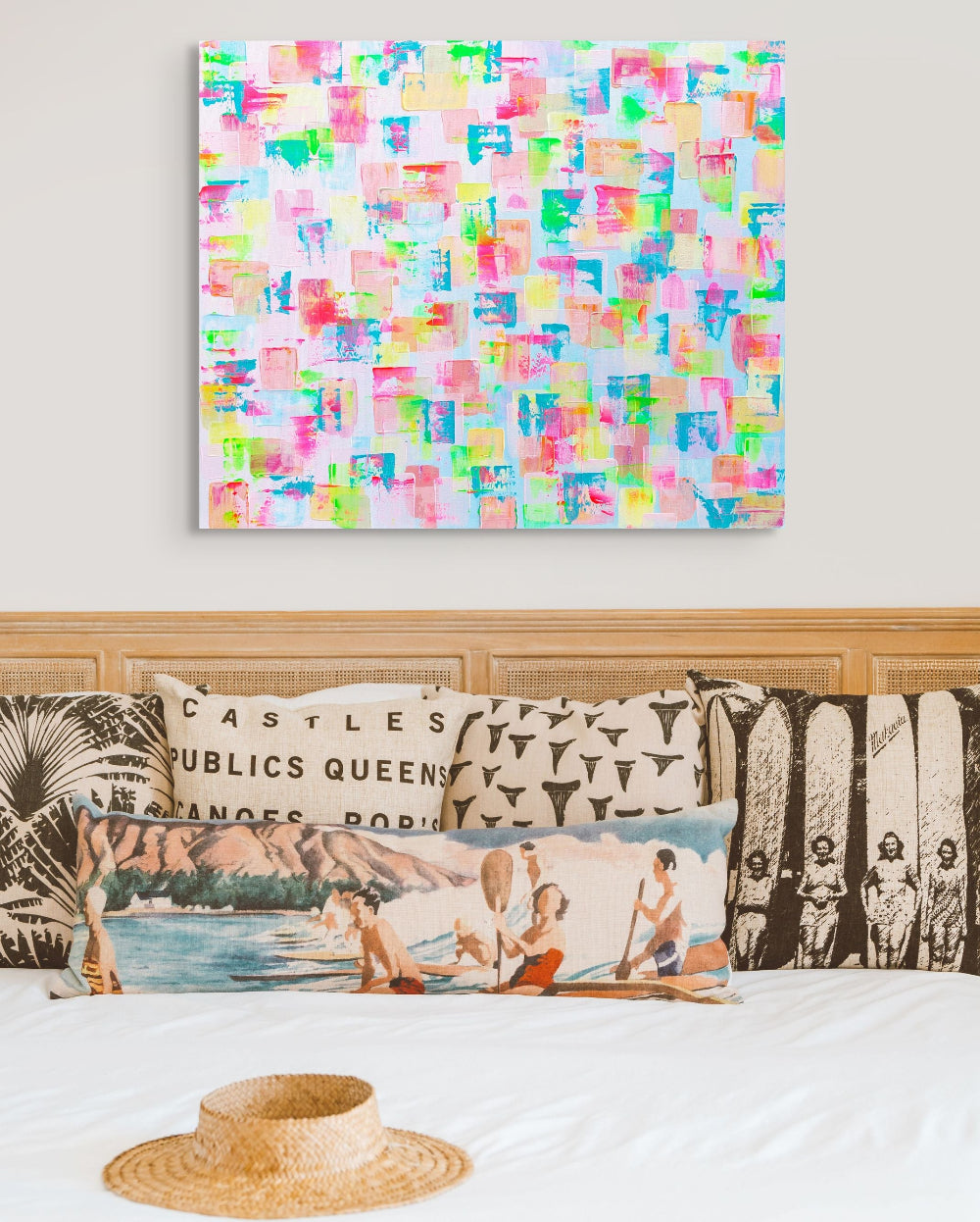 Colorful abstract pattern with pastel shades on a light blue/pink background. Hand painted acrylic canvas painting gelato