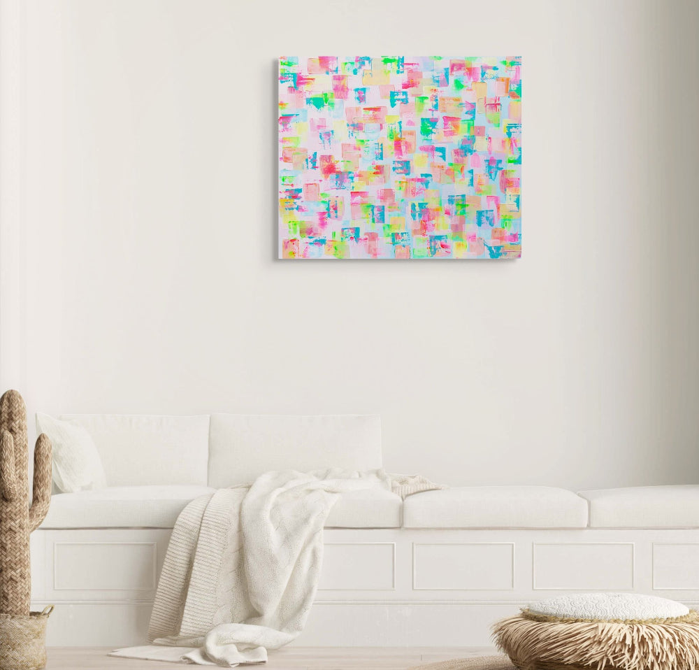Colorful abstract pattern with pastel shades on a light blue/pink background. Hand painted acrylic canvas painting titled gelato