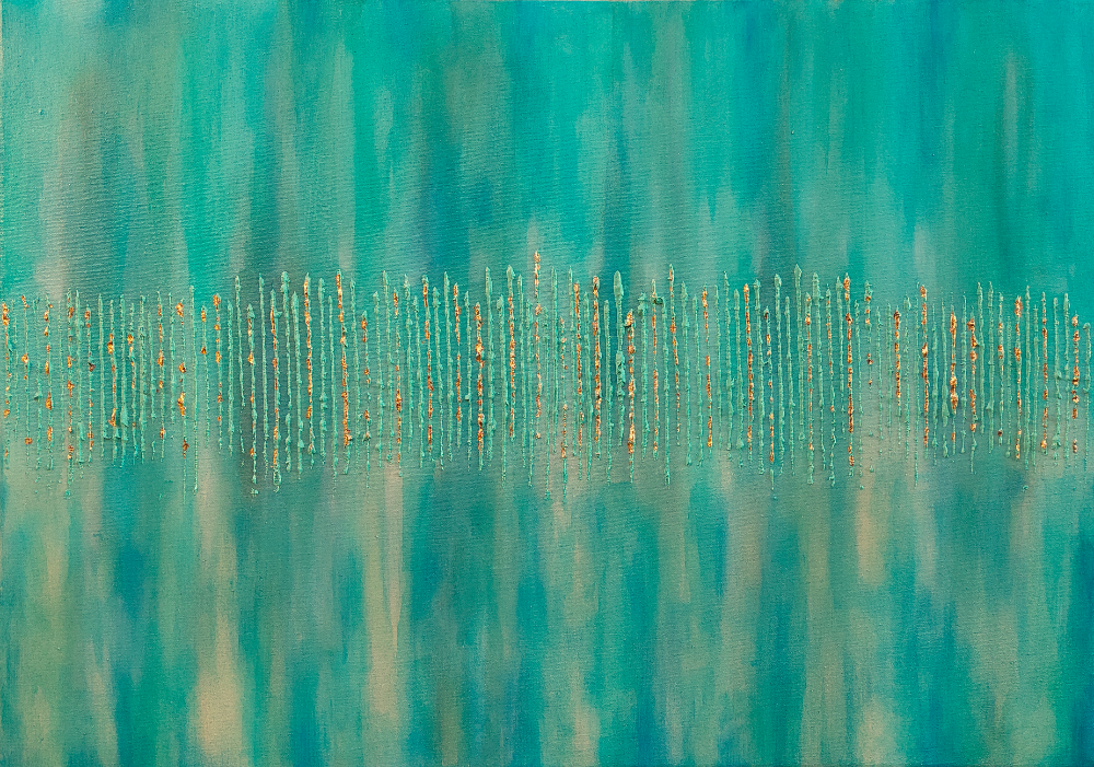 Golden Forest, Original Textured Canvas Painting, turquoise, green and gold leaf titled Golden Forest by Julie Bevan