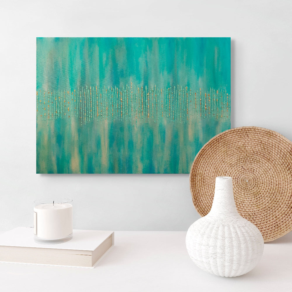 Golden Forest, Original Textured Canvas Painting, turquoise, green and gold leaf titled Golden Forest by Julie Bevan
