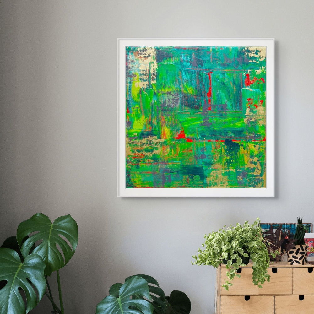 Samhain no. 3 limited edition print abstract green, red and gold in living room