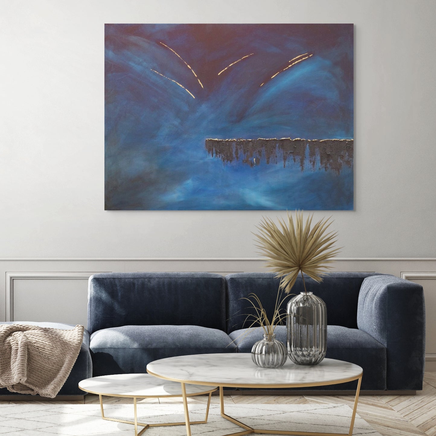 Horizon Blue, black, gold and Textured Abstract Art Canvas