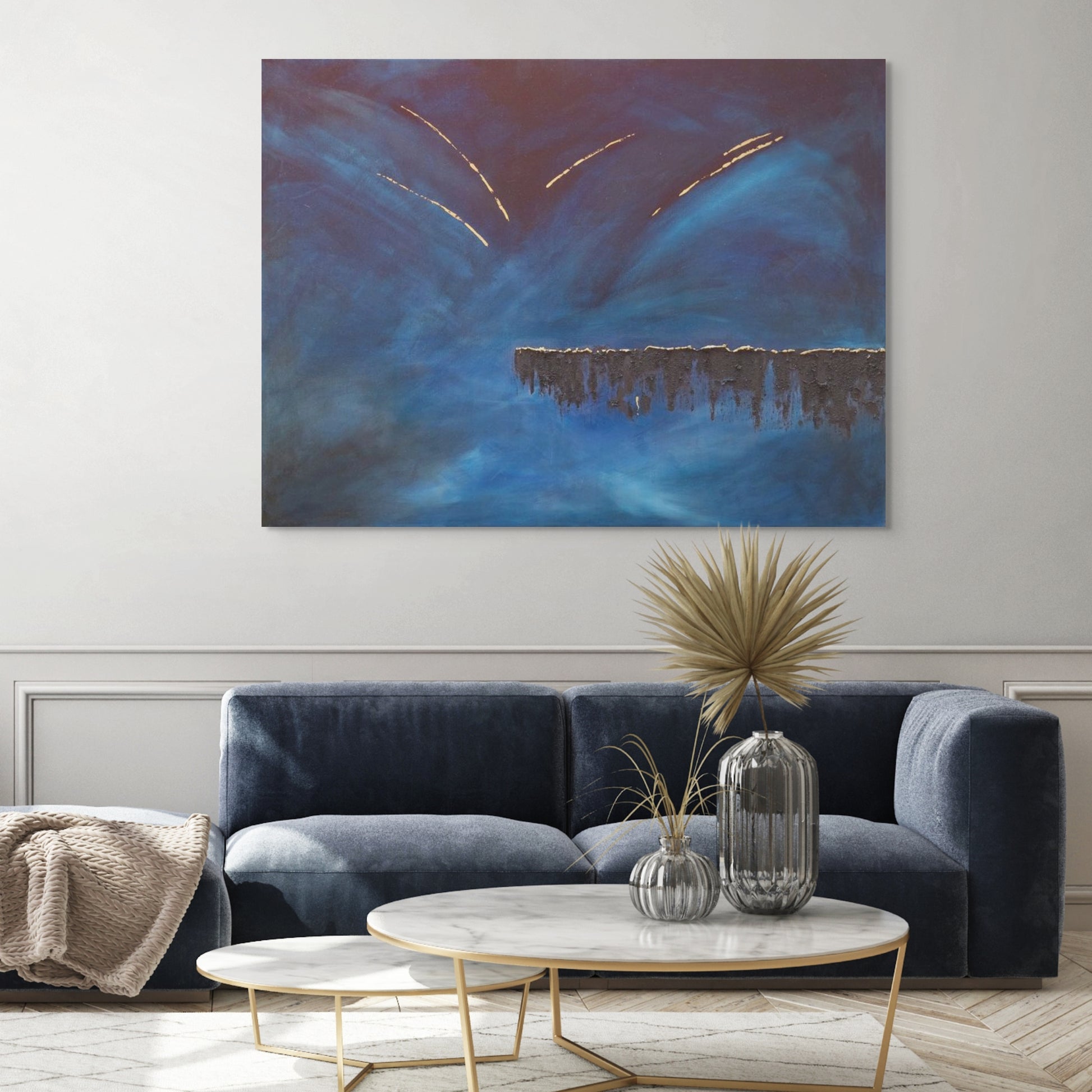 Horizon Blue, black, gold and Textured Abstract Art Canvas