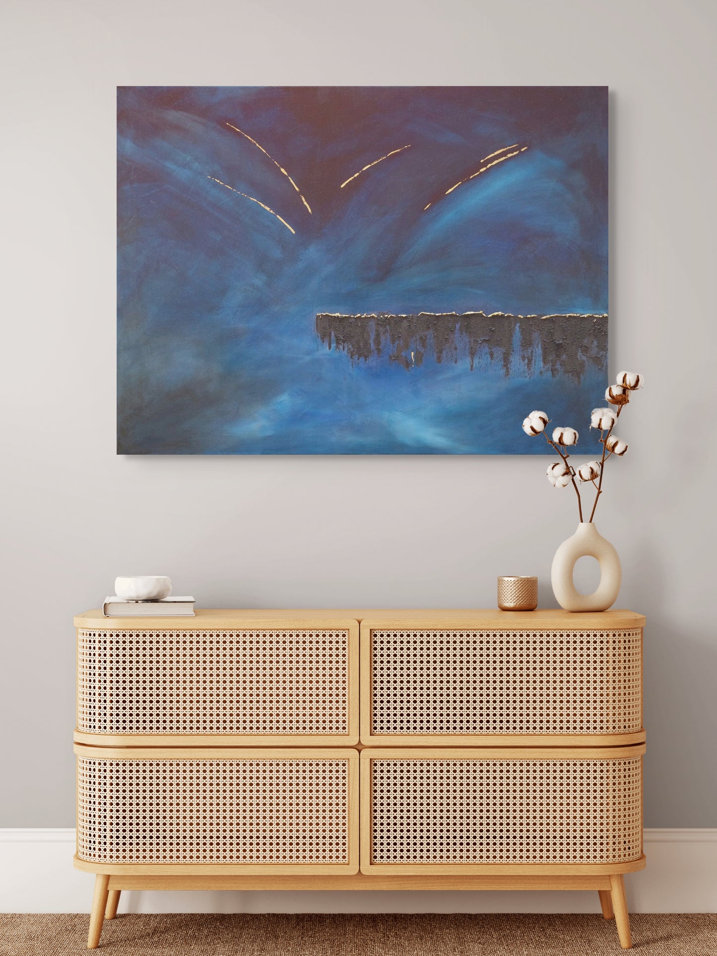 Horizon Blue, black, gold and Textured Abstract Art Canvas