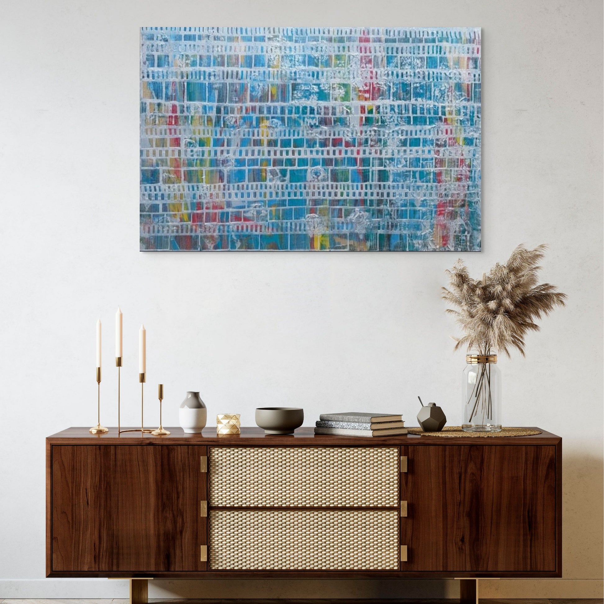 Multi-colour original canvas acrylic painting with silver overlay
