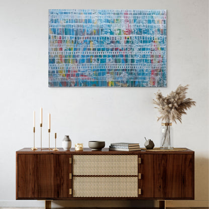 Multi-colour original canvas acrylic painting with silver overlay