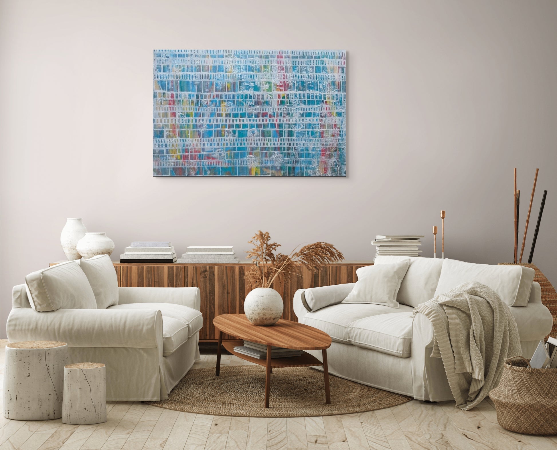 Multi-colour original canvas acrylic painting with silver overlay
