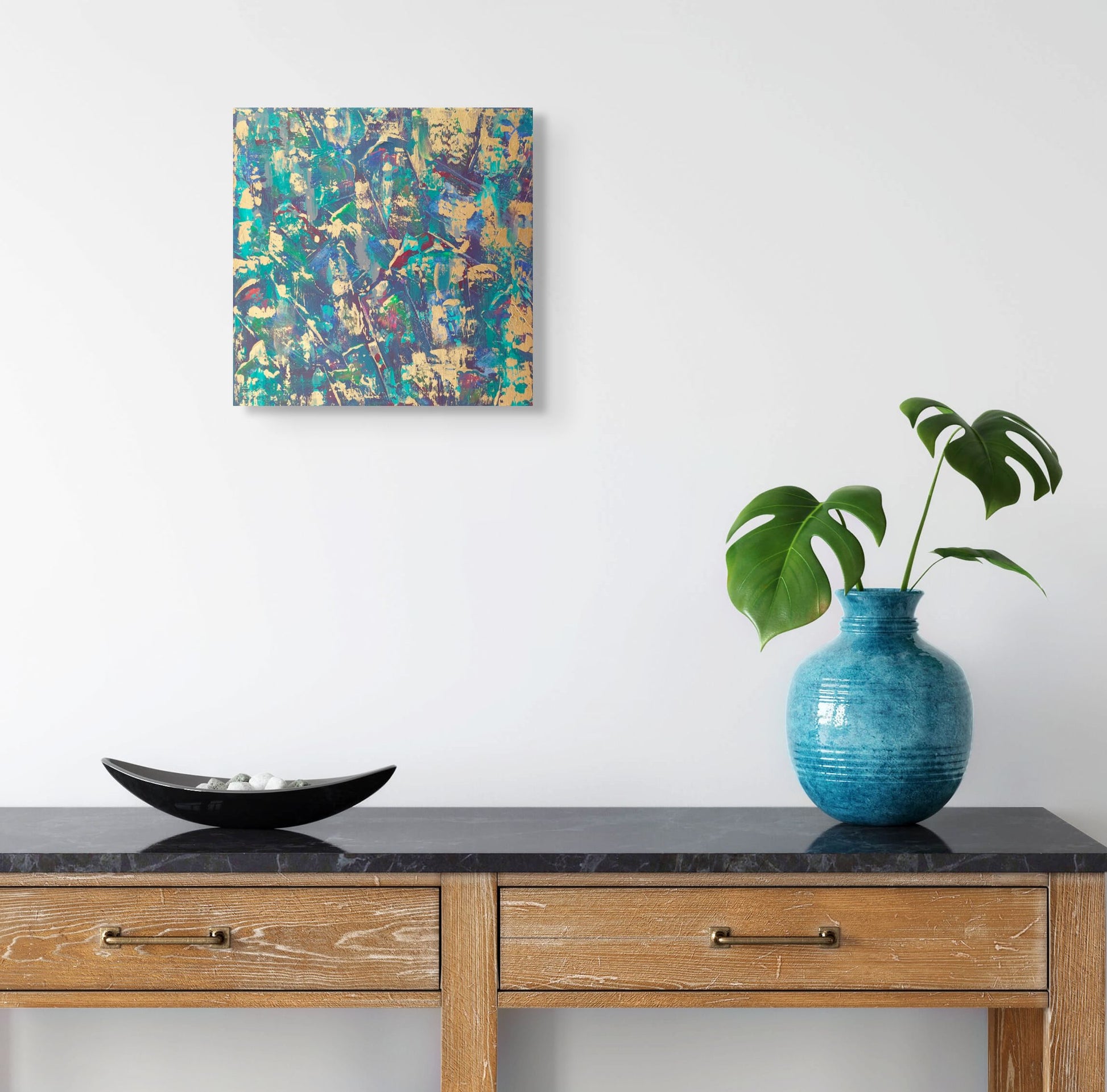 Hand-painted abstract canvas artwork Kimono with calming green and blue tones