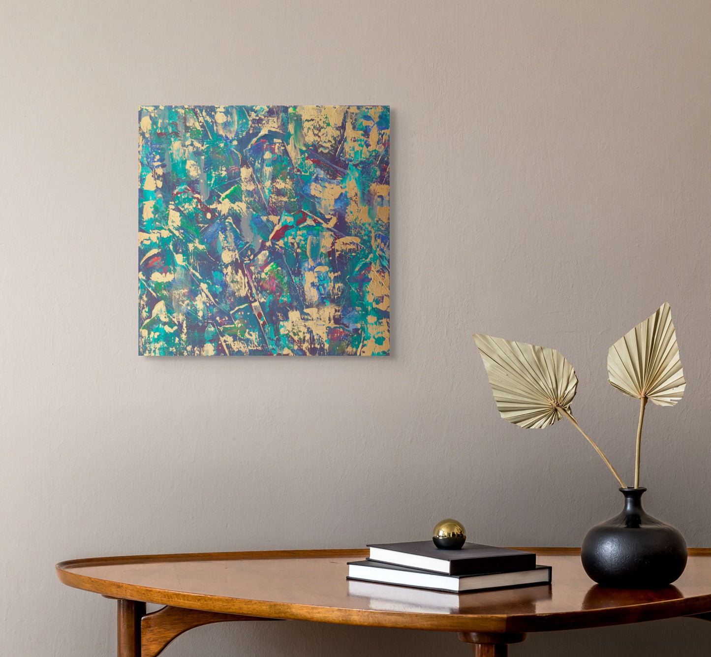 Original abstract painting Kimono on canvas by Julie Bevan with layered texture and gold accents