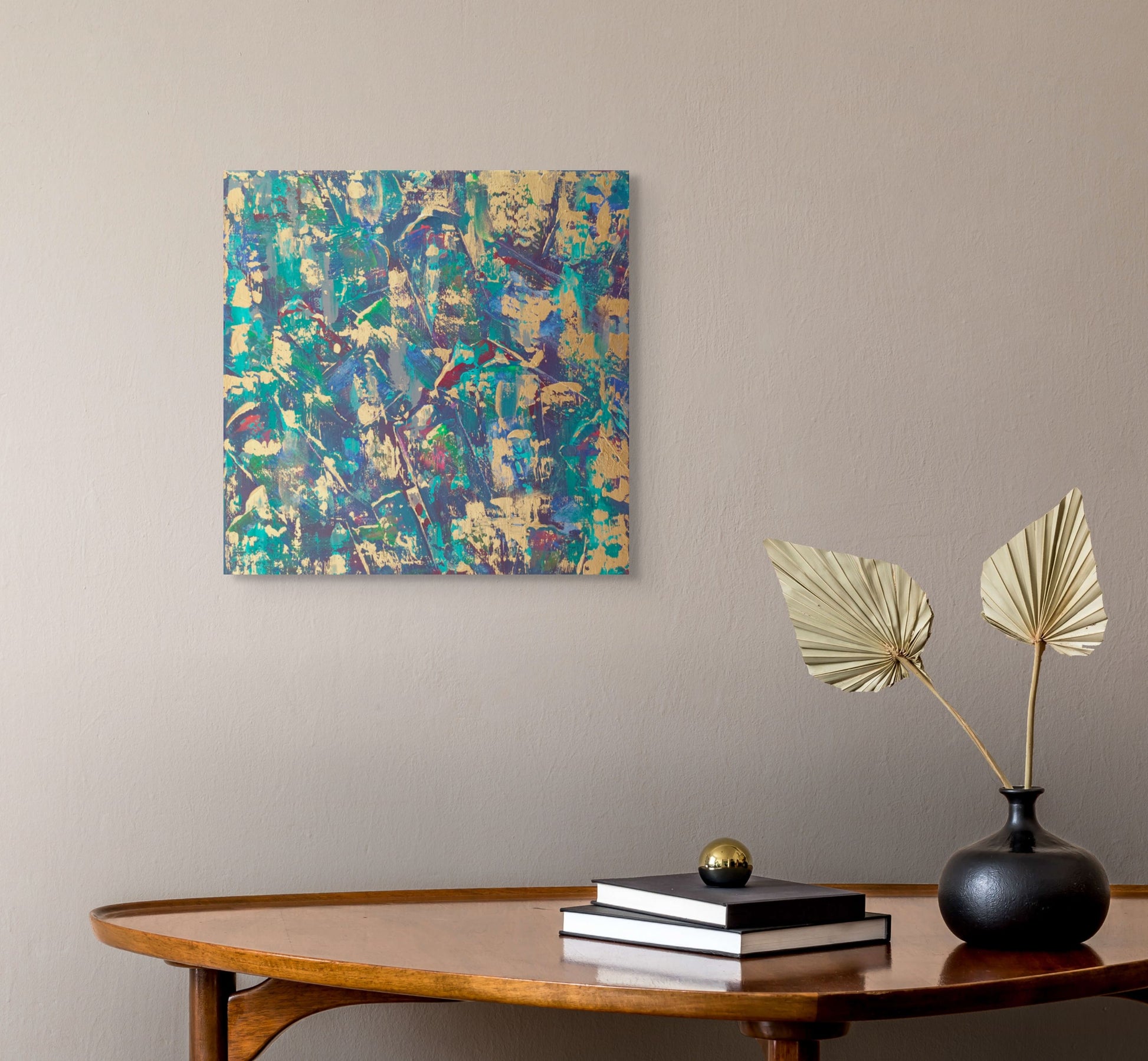Original abstract painting Kimono on canvas by Julie Bevan with layered texture and gold accents