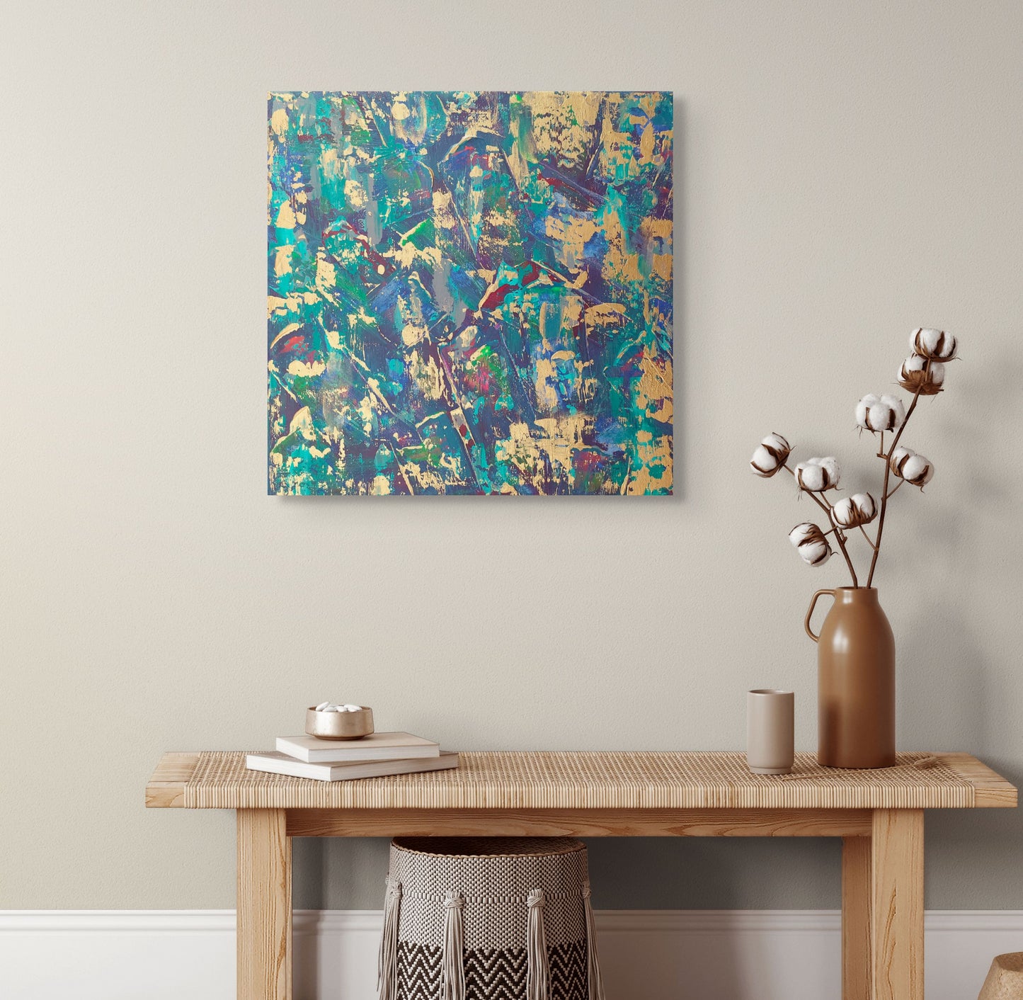 Close-up detail of Kimono original painting showing rich brushwork and organic movement