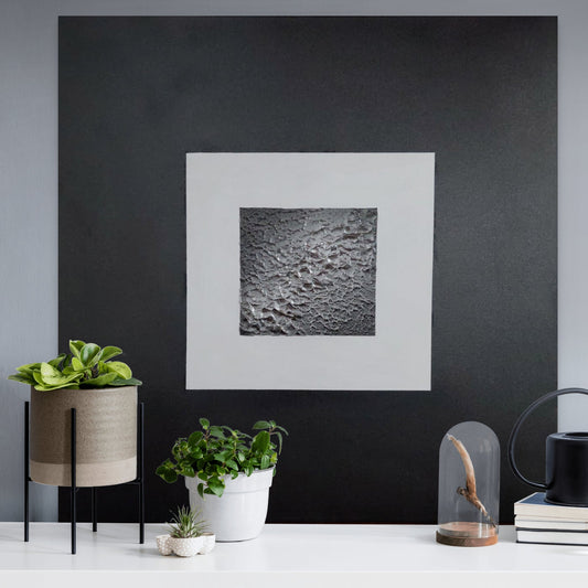 Abstract black, white and silver textured square canvas art titled legacy by julie bevan art