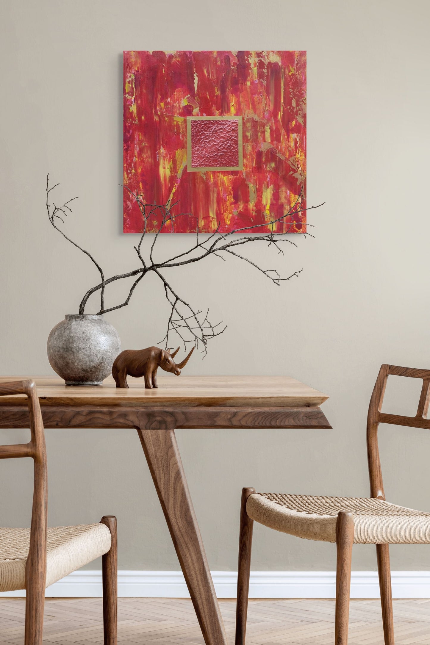 Lightbox | Original Textured Abstract Painting | Red Home Decor Art | Red Canvas Painting | Square Red Yellow Gold Art | Textured Modern Art