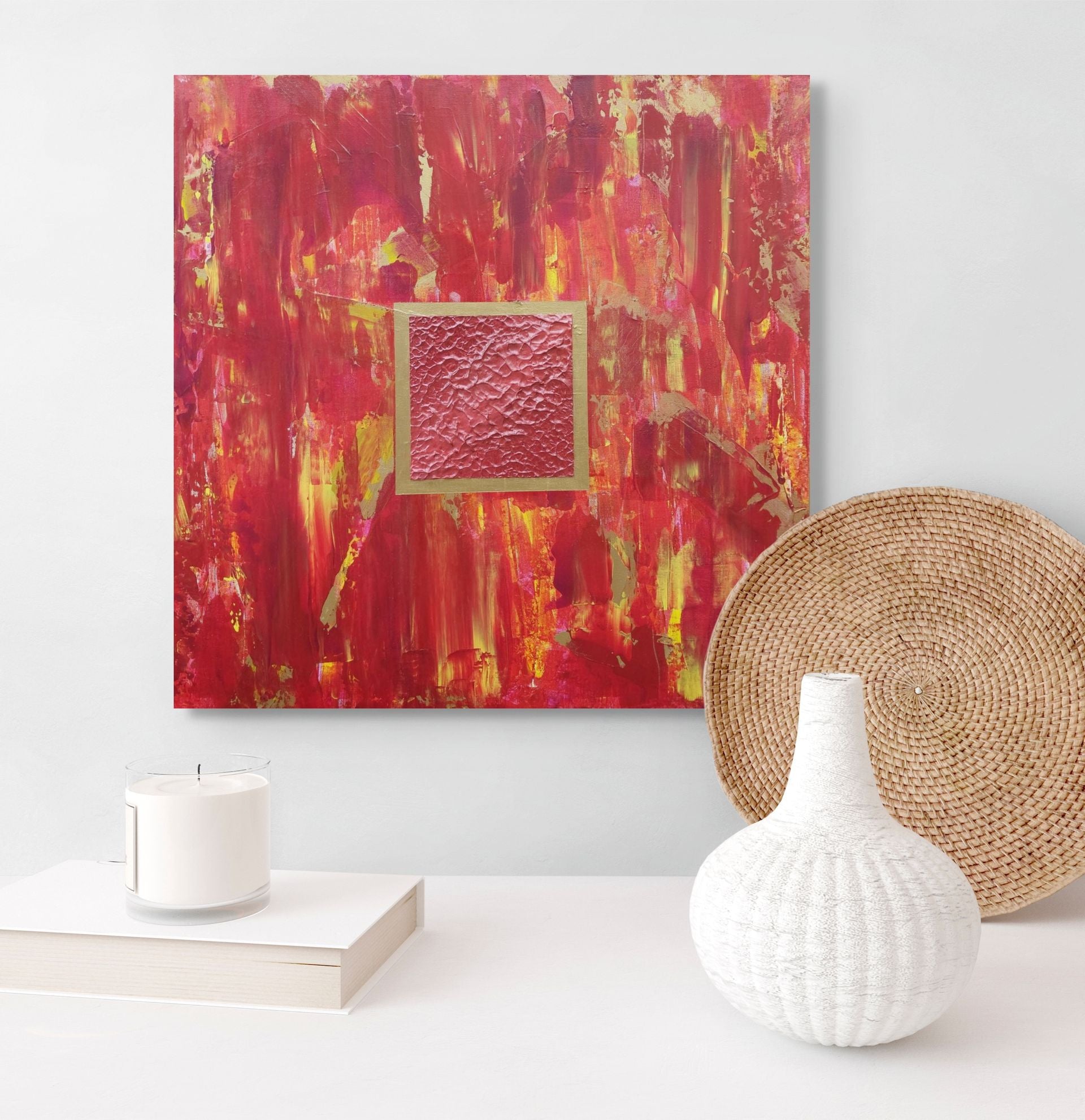Lightbox | Original Textured Abstract Painting | Red Home Decor Art | Red Canvas Painting | Square Red Yellow Gold Art | Textured Modern Art