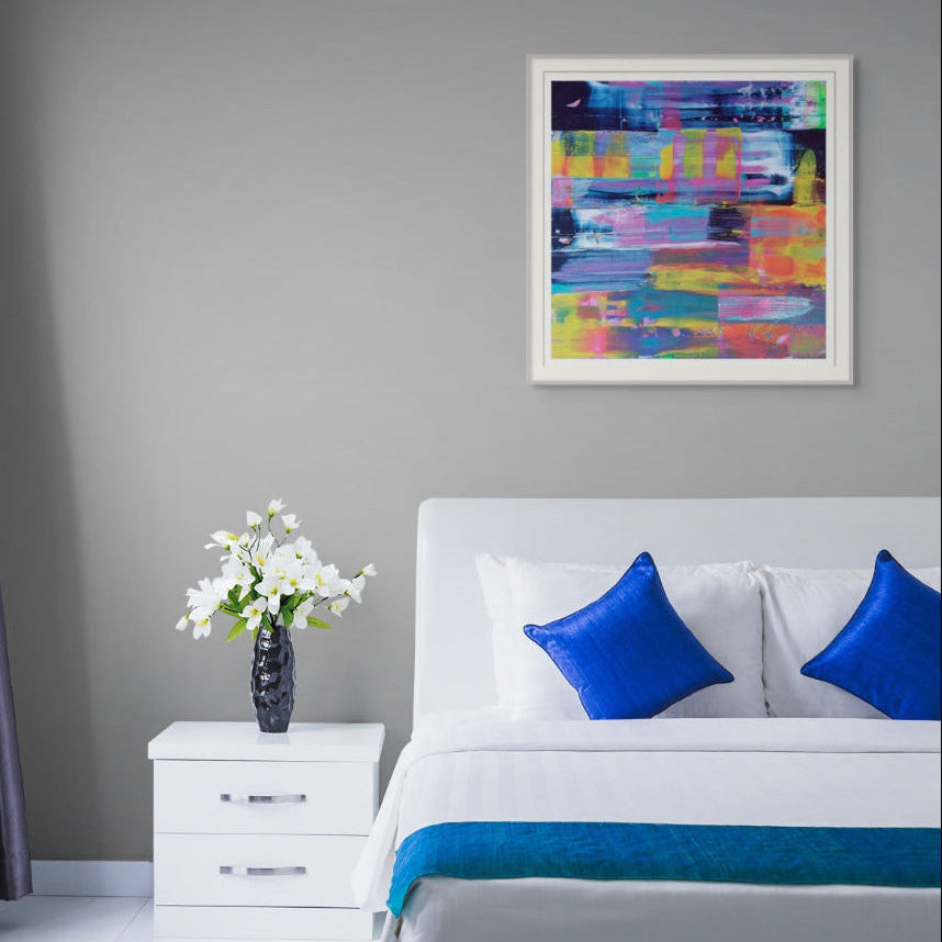 framed Abstract artwork with vibrant colours and brush strokes on a white, midnight limited edition art print