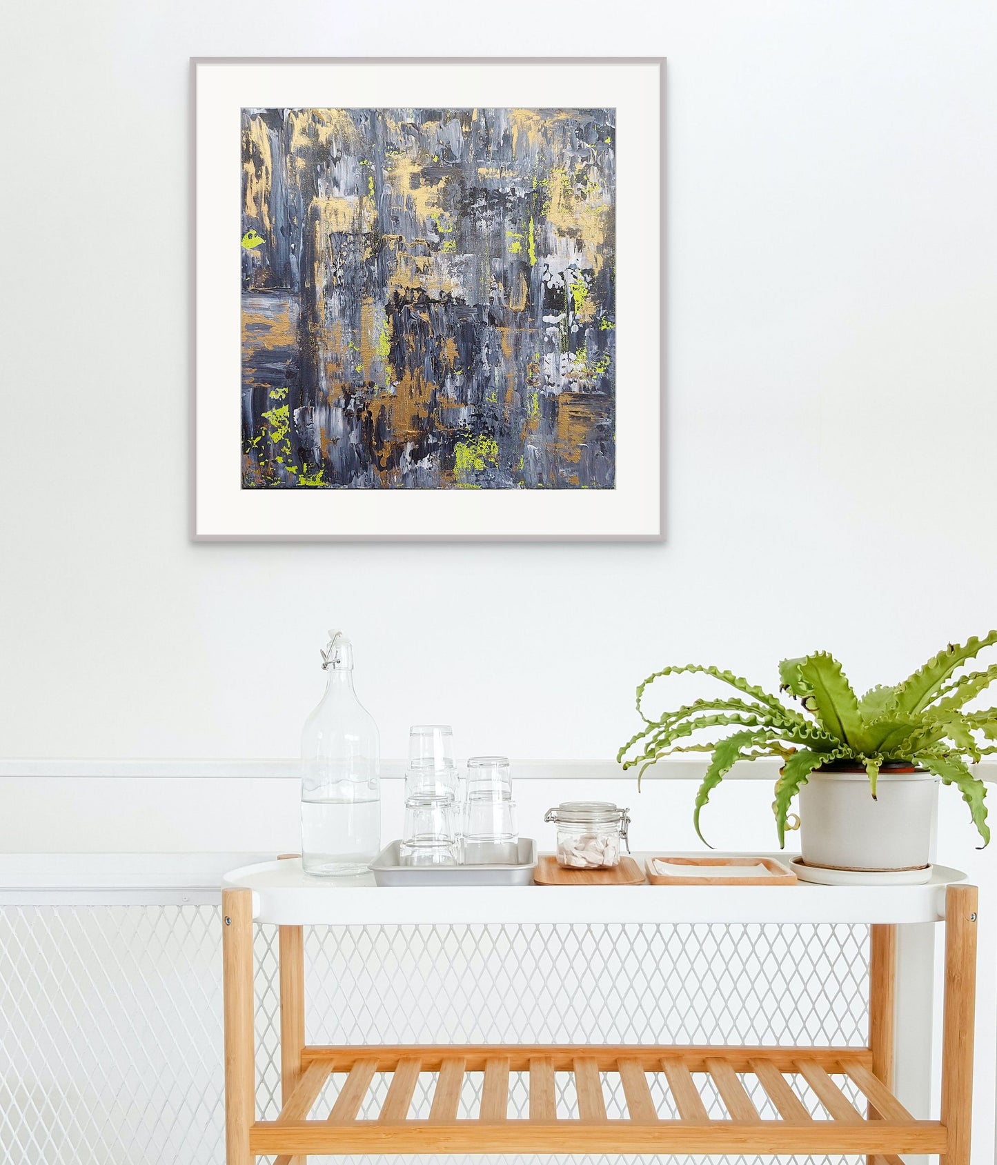Samhain no.4 grey, black, gold and white, lime colour limited edition print abstract style 