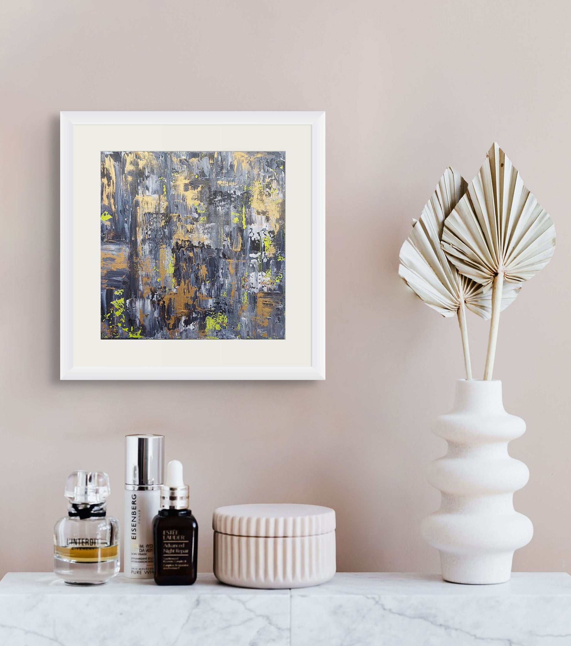 Samhain no.4 grey, black, gold and white, lime colour limited edition fine art print abstract style 