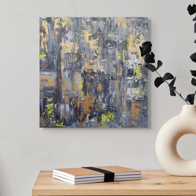 Abstract original painting art with gray, gold, and yellow colors, close up