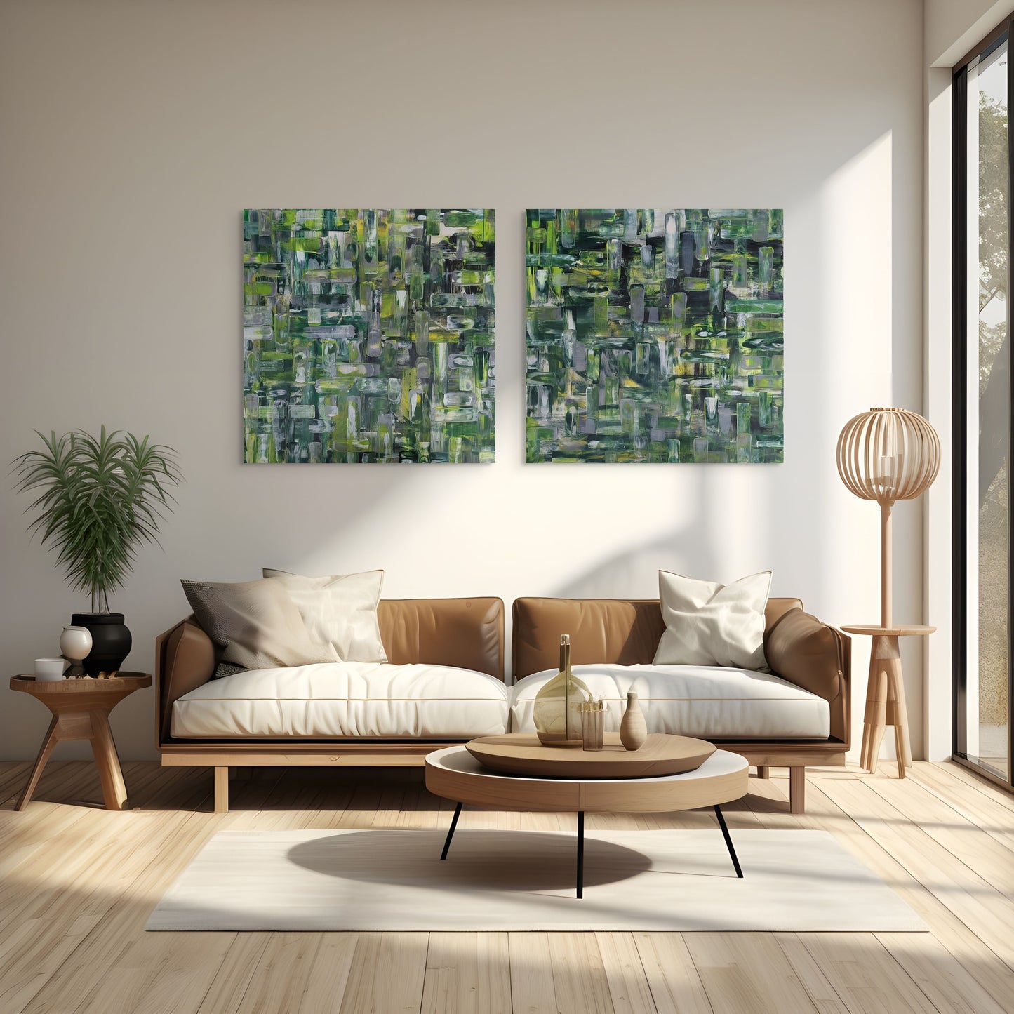 Modern living room with a brown sofa, round coffee table, and abstract green paintings on the wall.