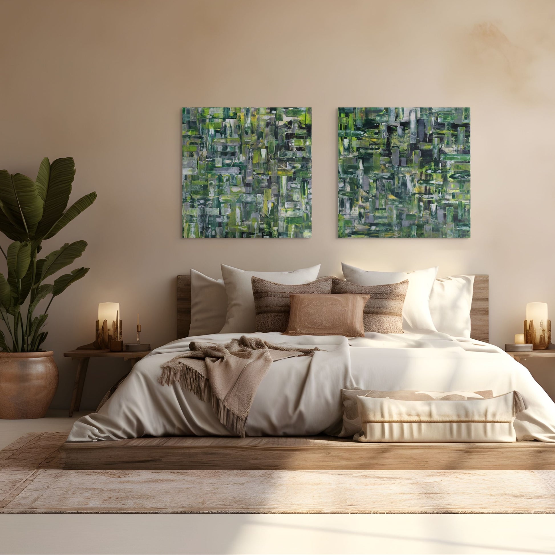 Modern bedroom with abstract wall art, bed, and plants