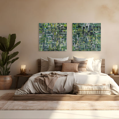 Modern bedroom with abstract wall art, bed, and plants