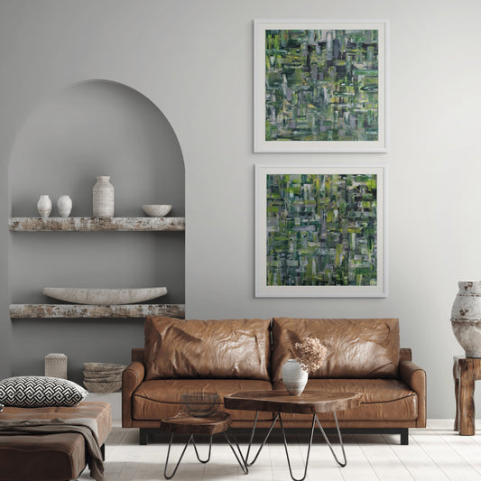 Modern living room with brown leather sofa, abstract art on the wall, and decorative shelves.