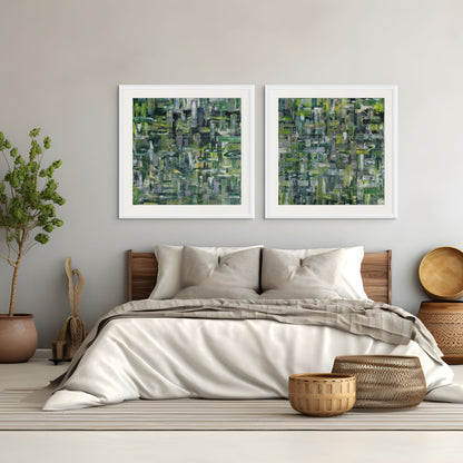 Modern bedroom with a bed, decorative baskets, and abstract wall art.