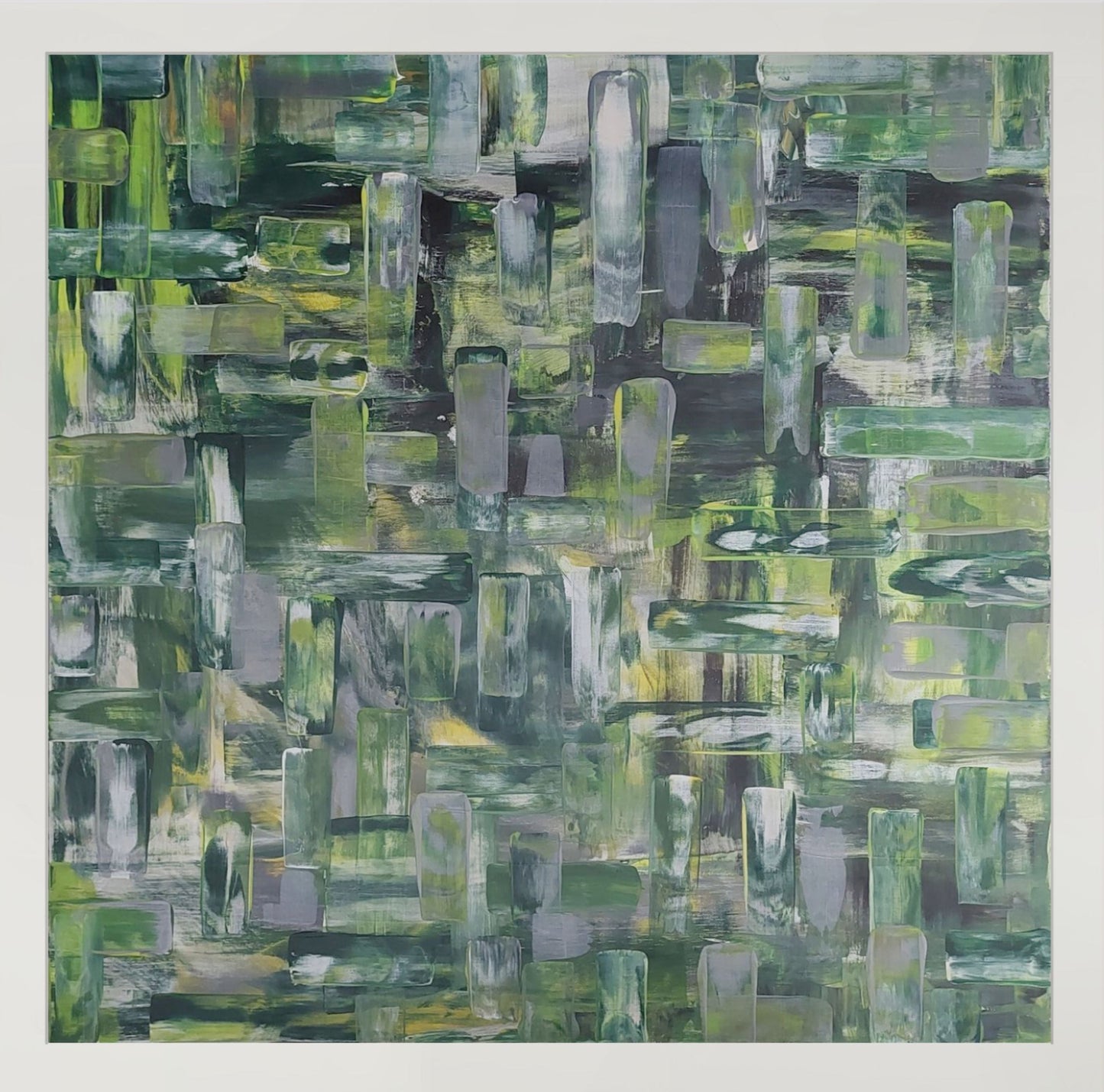 Abstract art piece with green and gray tones on a white background