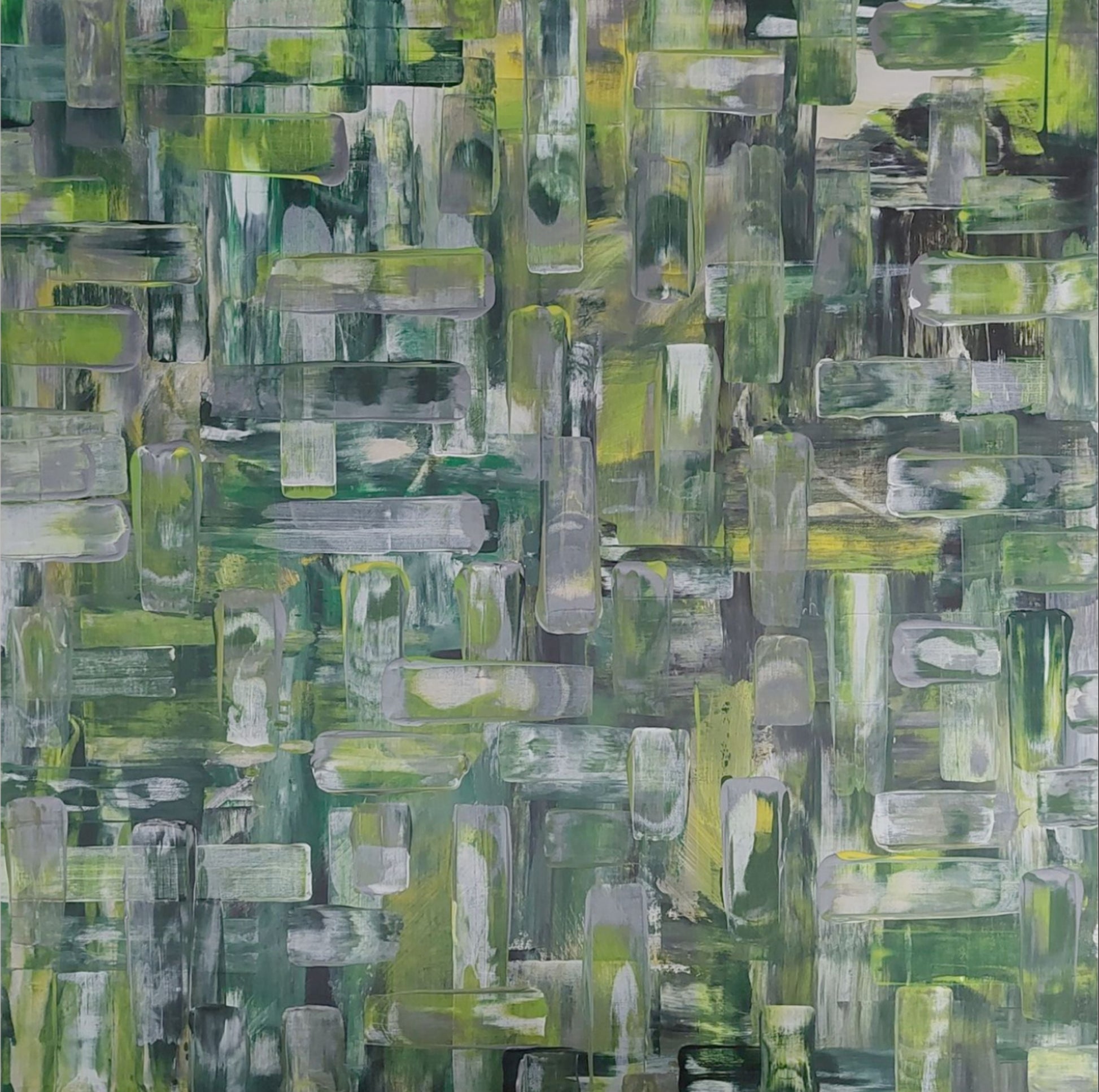Abstract art print with green and gray geometric patterns on a white background