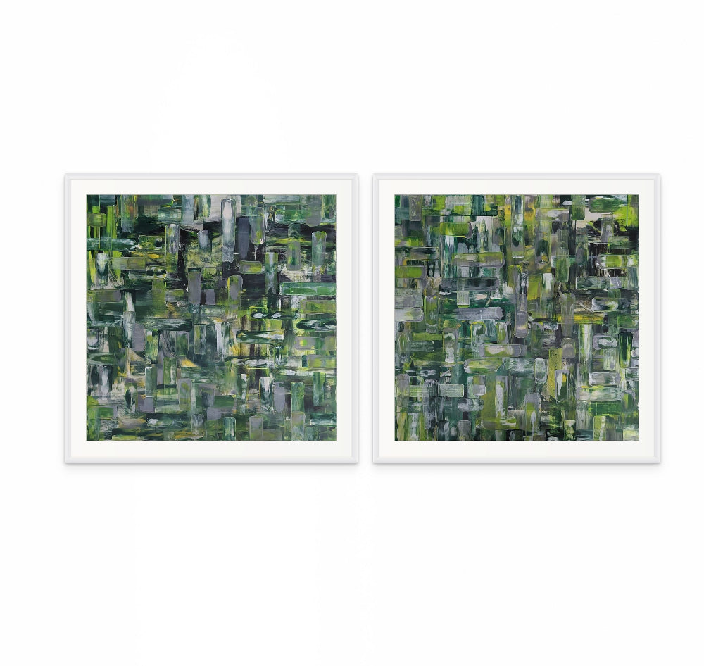 Two abstract artworks in green and black on a white background