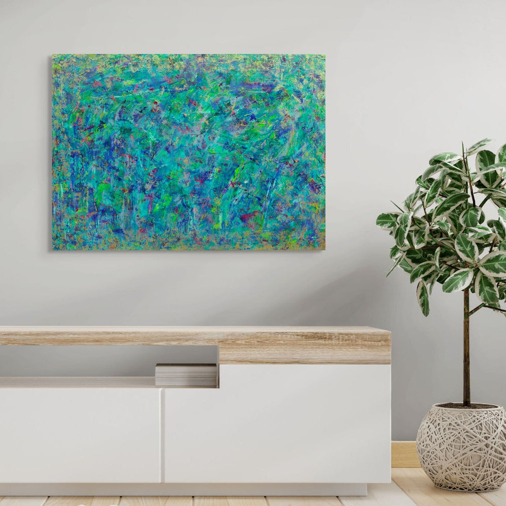 Abstract painting with a variety of green, blue, and gold, original canvas painting titled Opium