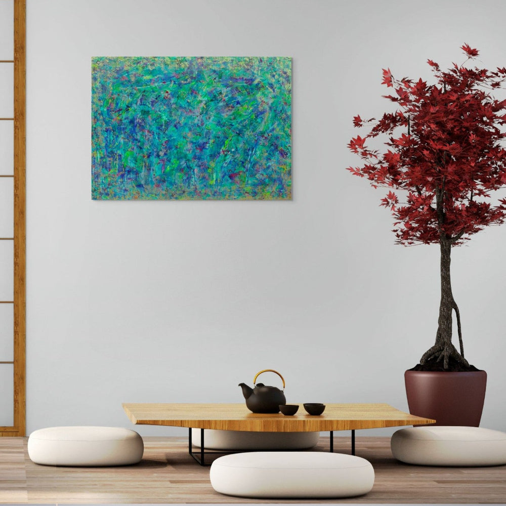 Abstract painting with a variety of green, blue, and gold, original canvas painting titled Opium