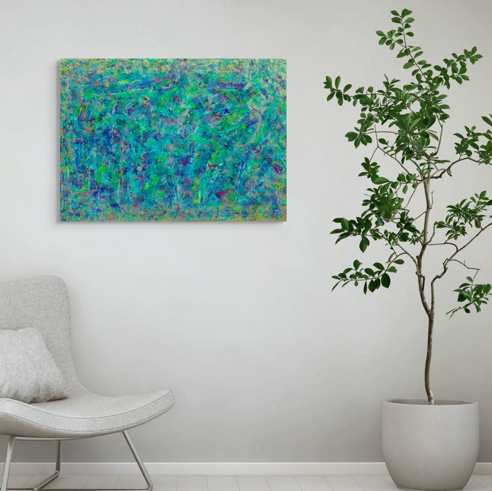 Abstract painting with a variety of green, blue, and gold, original canvas painting titled Opium