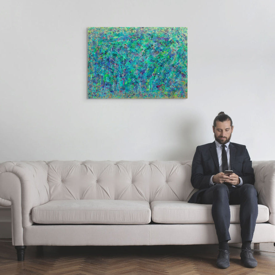 Abstract painting with a variety of green, blue, and gold, original canvas painting titled Opium