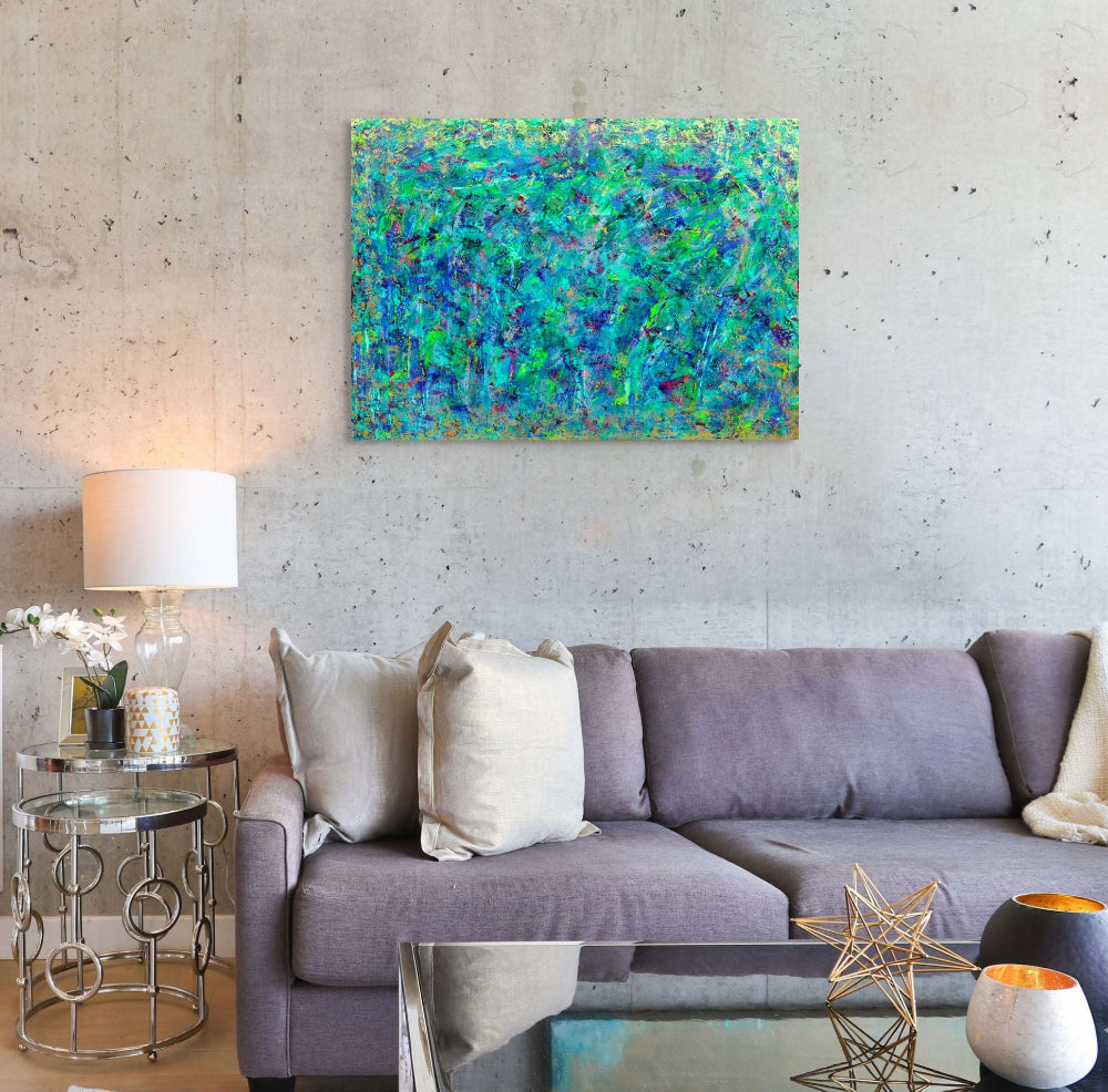 Living room with a gray sofa, abstract painting on the wall, and decorative items.  Abstract painting, Multi-colour original painting titled Opium by Julie Bevan Art